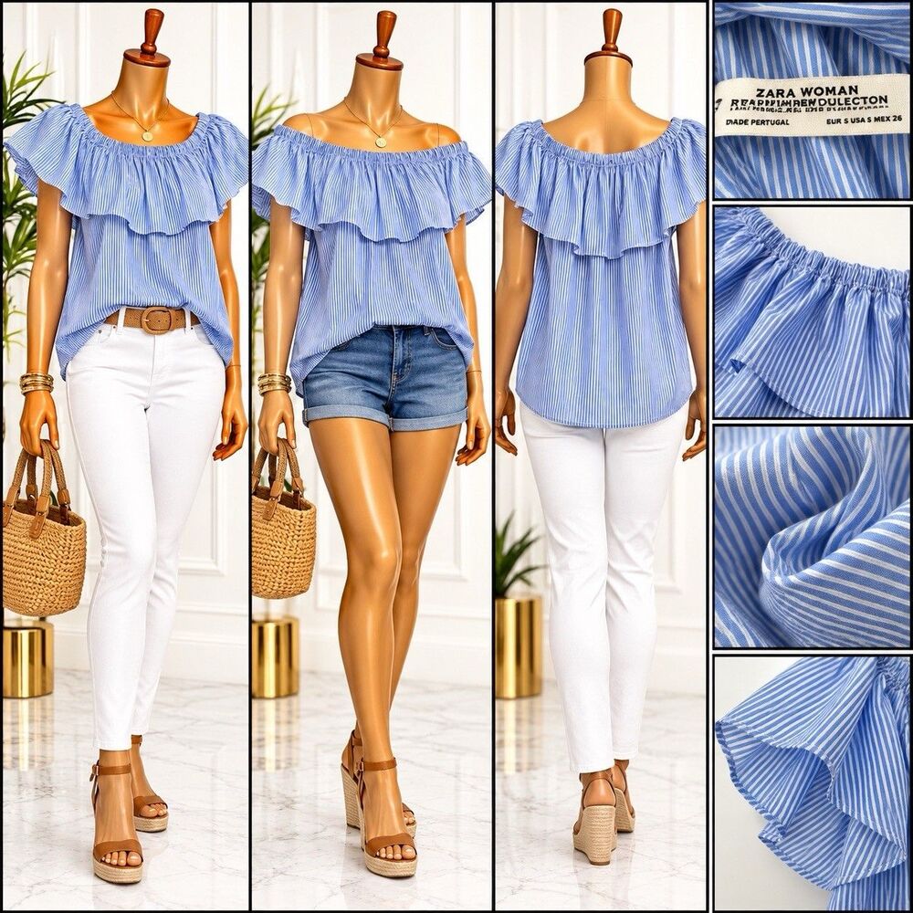 Zara Basic Women’s Blue White Stripes Ruffle Detail Blouse Size M Pockets